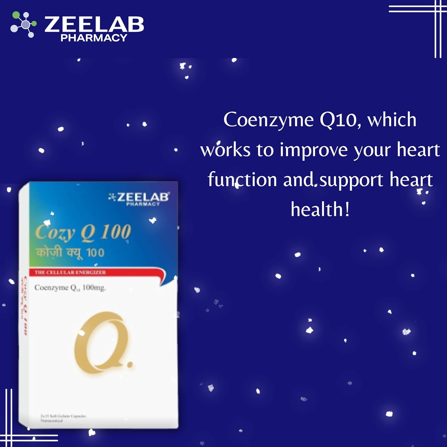 Coenzyme Q10 supplement packaging with Zeelab Pharmacy branding on a blue background.