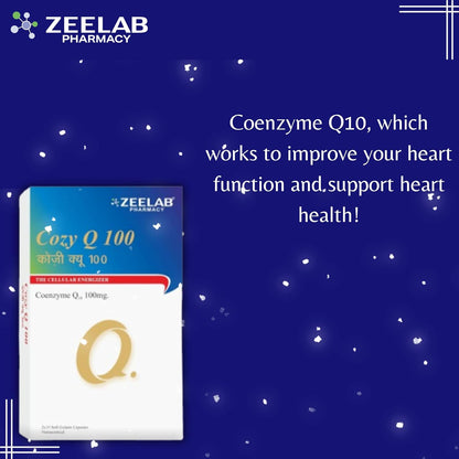 Coenzyme Q10 supplement packaging with Zeelab Pharmacy branding on a blue background.