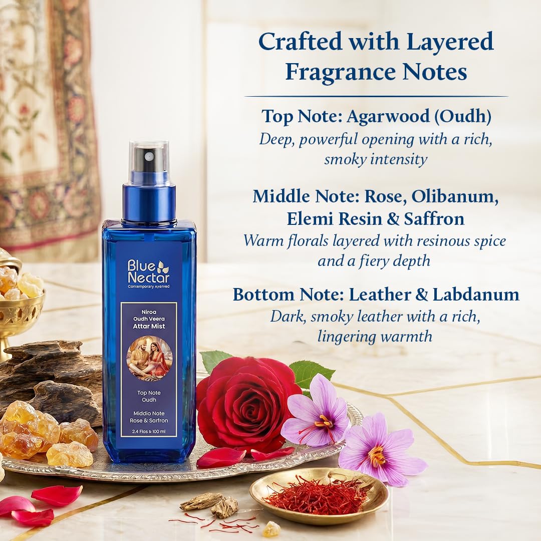 Blue Nectar Niraa Oudh Veera Attar Mist | Perfume Mist for Men & Women | Long-Lasting Oudh Attar with Rose & Saffron | Woody Body Mist Spray | Travel-Friendly (100 ml)