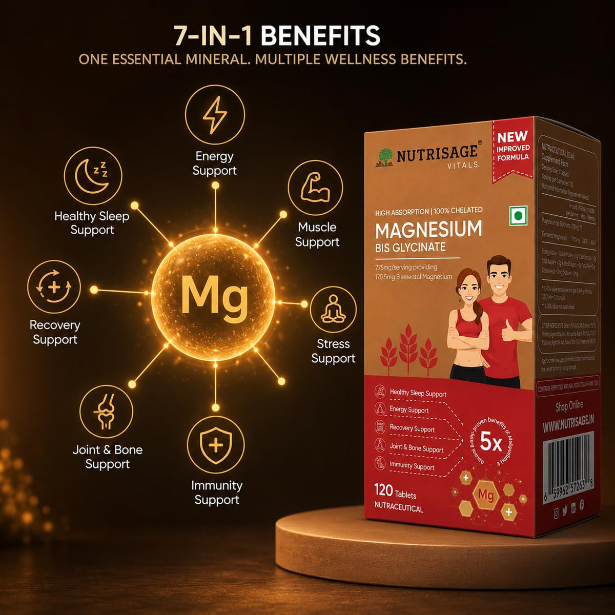 Magnesium Bisglycinate 775 mg per Tablet | Provides 170.5 mg Elemental Magnesium | 100% Chelated High Absorption | Sleep, Muscle Recovery, Stress, Bone & Nerve Support | 120 Tablets