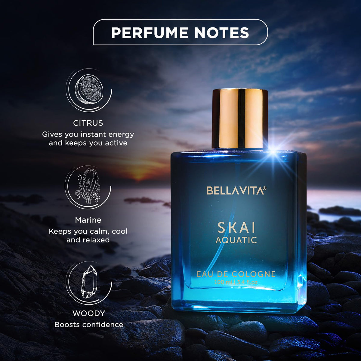 Bellavita Skai Aquatic cologne bottle with sunset background