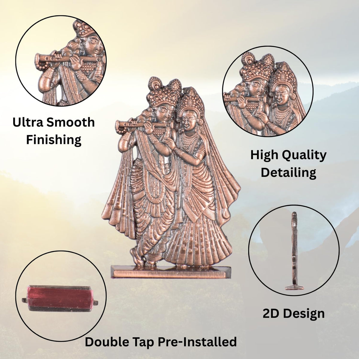 Radha Krishna Bansuri Idol for Car Dashboard – Copper Finish Hindu God Figurine Spiritual Decor for Car & Home (S909-CPR)