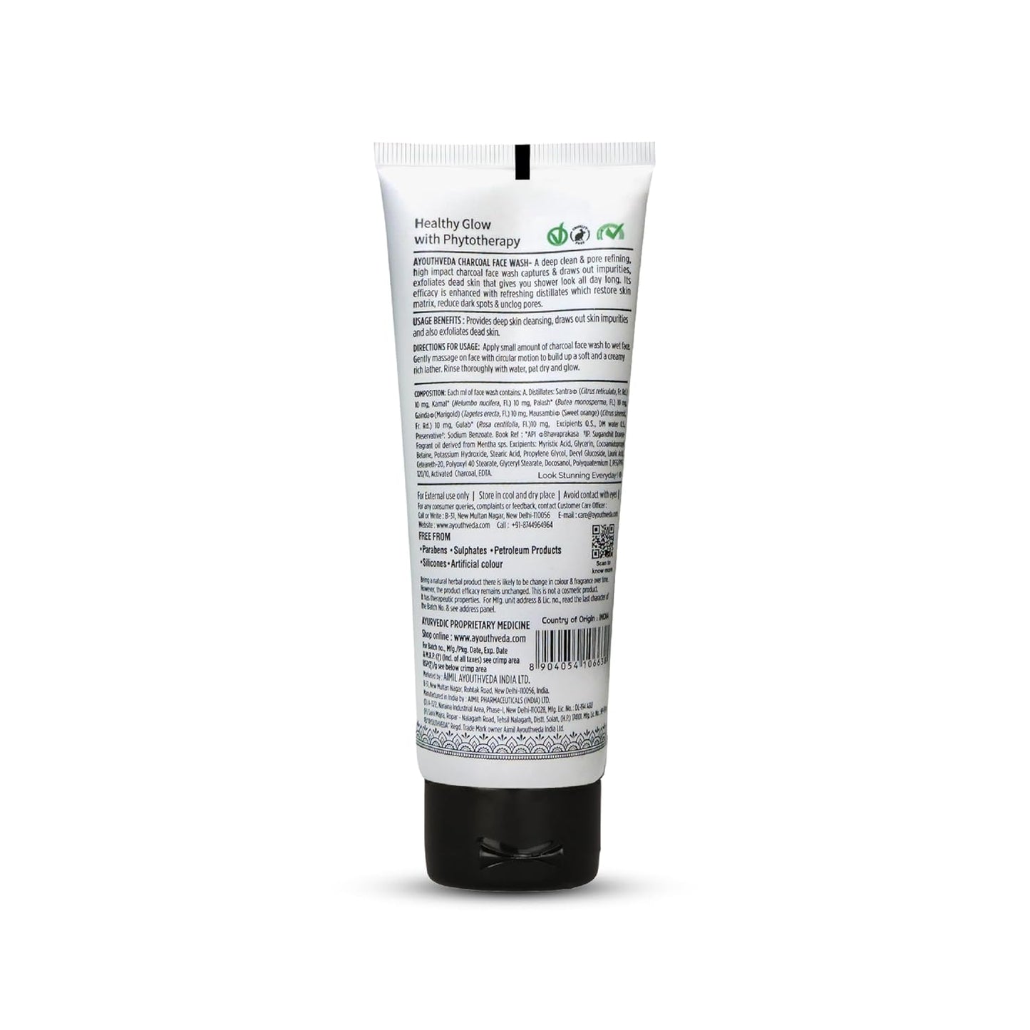 Ayouthveda Activated Charcoal Face Wash | Bamboo Charcoal & Floral Distillates | Deep Cleansing, Anti-Pollution, Oil Control & Brightening | Ayurvedic Non-Drying Cleanser | Maintains Skin Moisture Balance | For Men & Women | 100ml (Pack of 1)