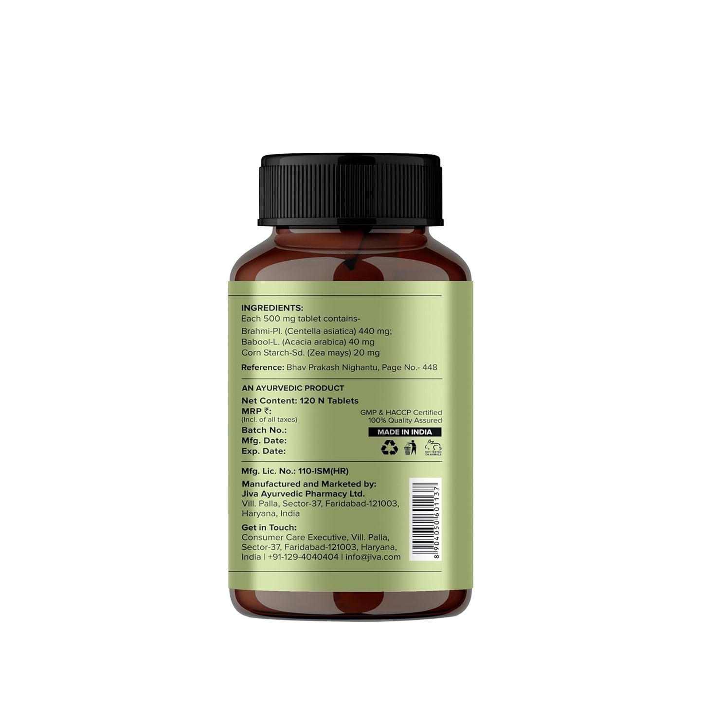Jiva Brahmi Tablets 500mg | 100% Ayurvedic Formulation Rejuvenates Nervous System, Reduces Stress, Anxiety And Slows Down Aging- 120 Tablets