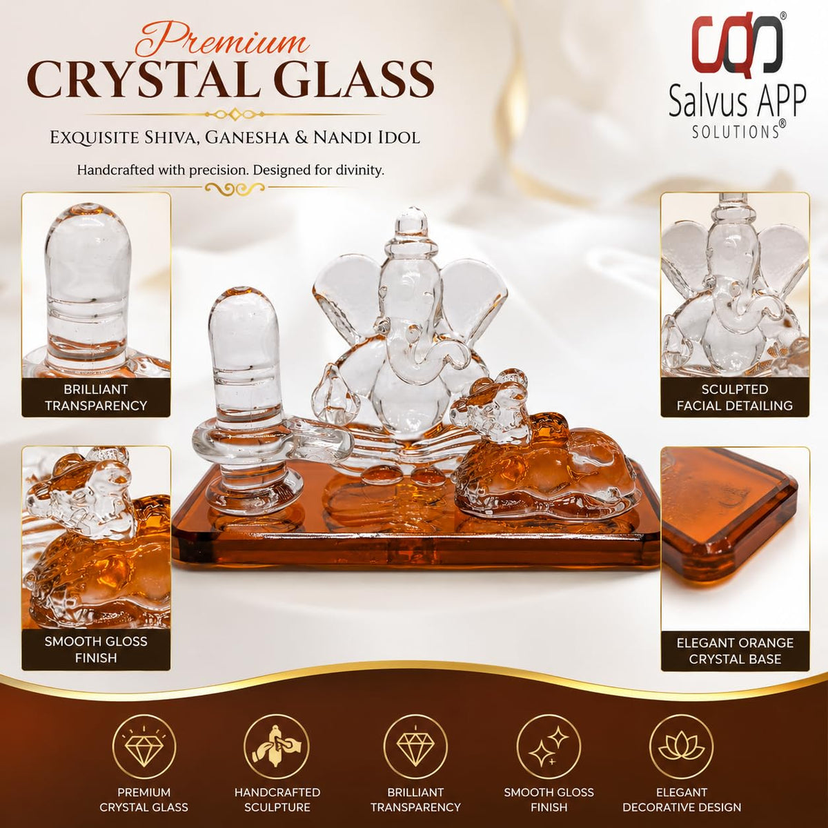 Crystal Glass Shiva Ganesha Nandi Statue | Decorative Religious Showpiece for Home, Temple & Office | Orange, 4 x 2.5 Inch