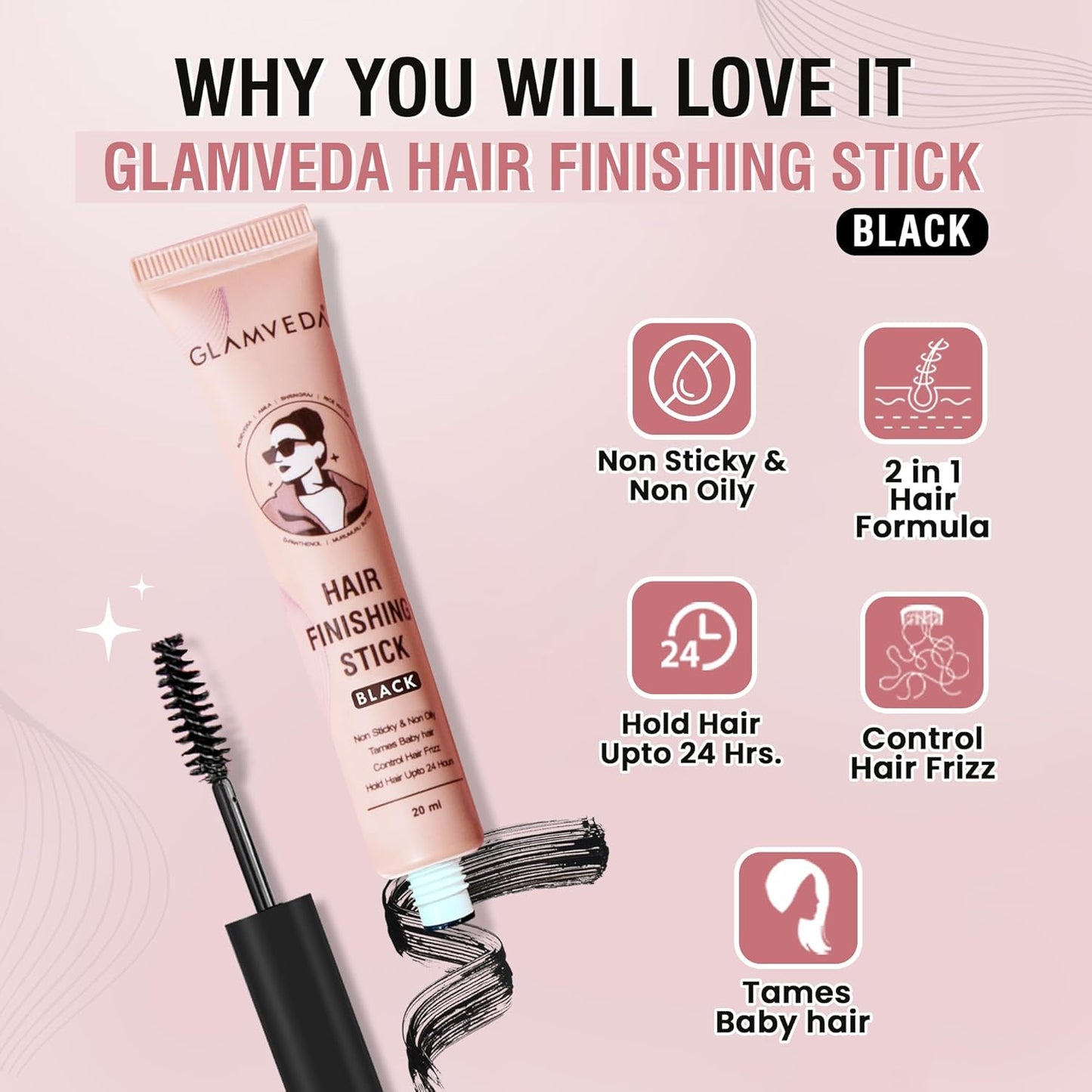 GLAMVEDA Black Hair Finishing Stick for Frizzy Hair | Anti-Frizz Hair Fix Stick for Flyaways & Baby Hair | Non-Sticky & Non-Greasy Formula | Long-Lasting Hold with Rice Water | 20ml