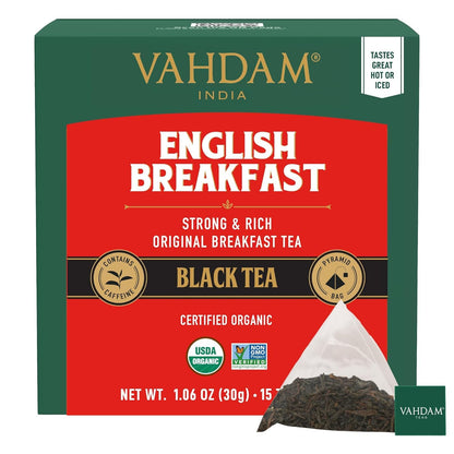 VAHDAM Organic English Breakfast Black Tea Bags (15 Count) High Caffeine - Coffee Replacement, Gluten Free | Individually Wrapped Pyramid Tea Bags | Strong, Robust & Flavoury | Direct from Source