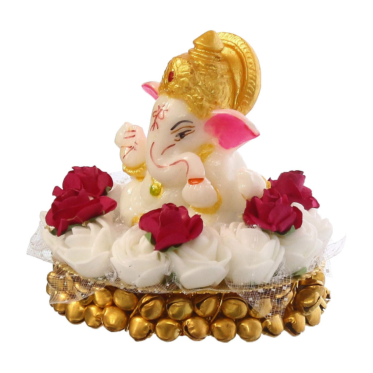 Lord Ganesha Idol on Decorative Handcrafted Plate with White Flowers
