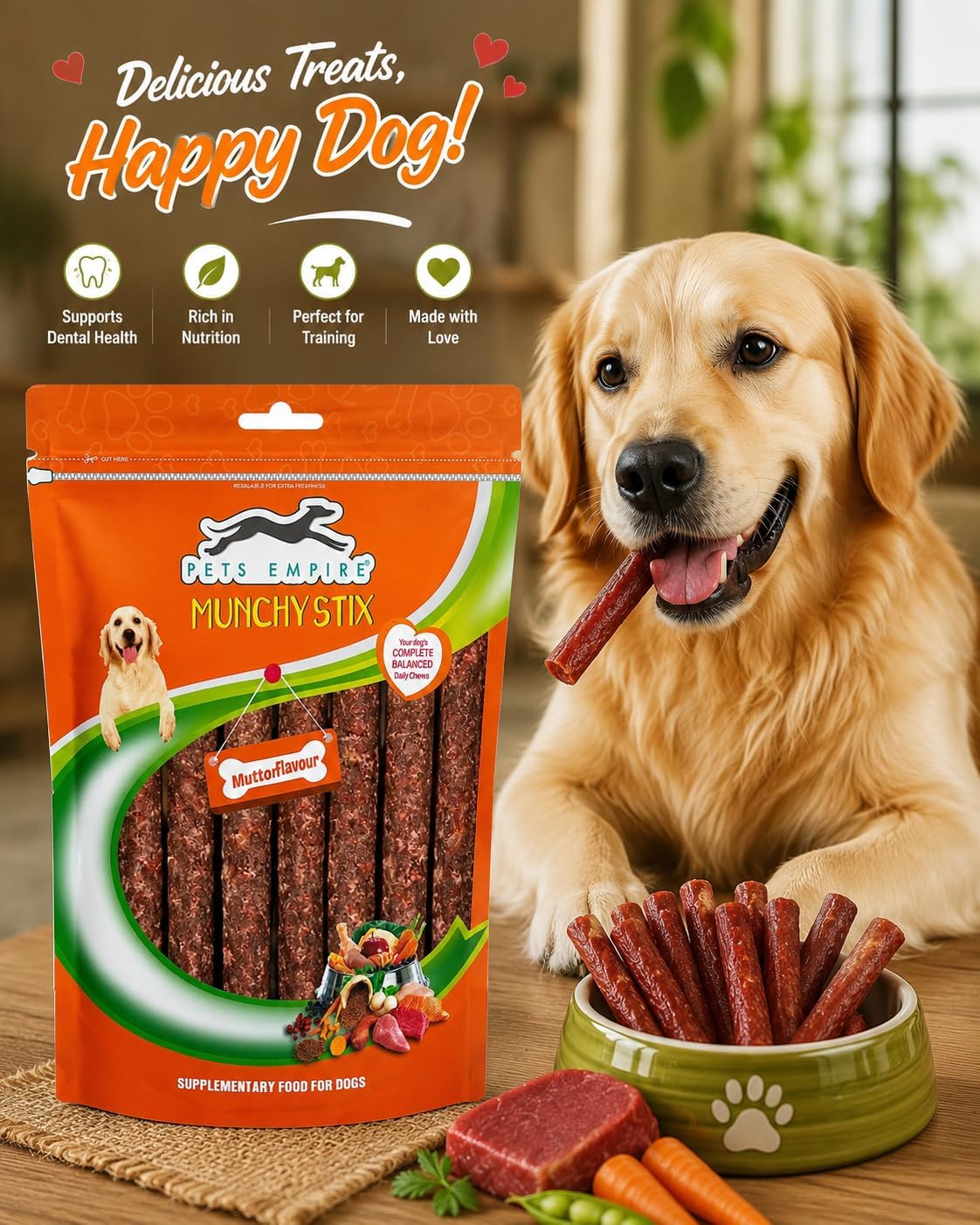 PETS EMPIRE Munchy Stix Dog Treats, Chicken | Mutton Flavour Chew Sticks | Healthy Reward Treats for Dogs | High Protein Daily Chews (1 kg, Mutton, Pack of 1)