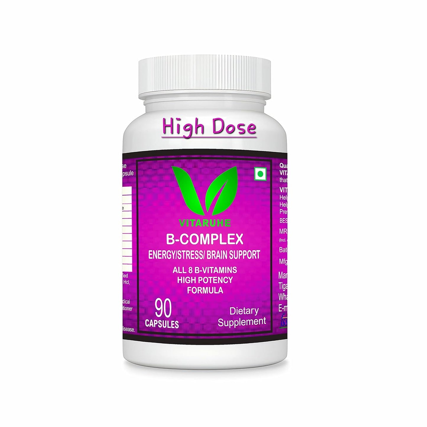 VITARUHE® High Strength Vitamin B-Complex B1, B2, B3, B5, B6, B7, B9, B12 Vegan 90 Capsules, 3 Months SUPPLY