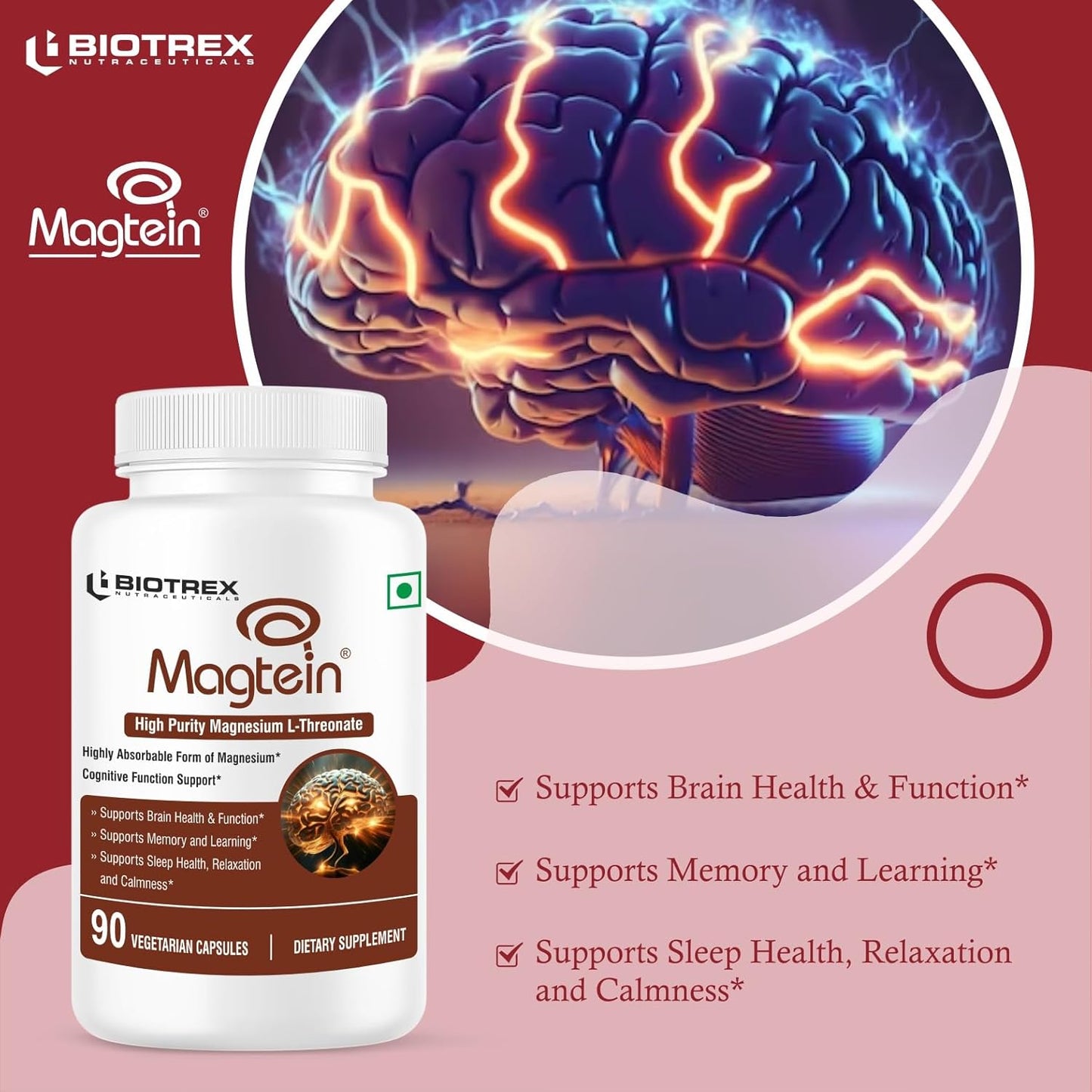 Biotrex Nutraceuticals Magtein Magnesium L Threonate Supplement – Supports Cognitive Function, Memory & Sleep – Magnesium L-Threonate for Brain Health – 90 Veg Capsules – Highly Bioavailable Formula