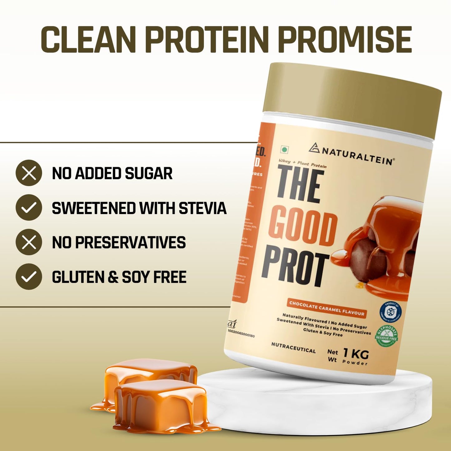 Protein powder container with 'The Good Prot' branding on a beige background.