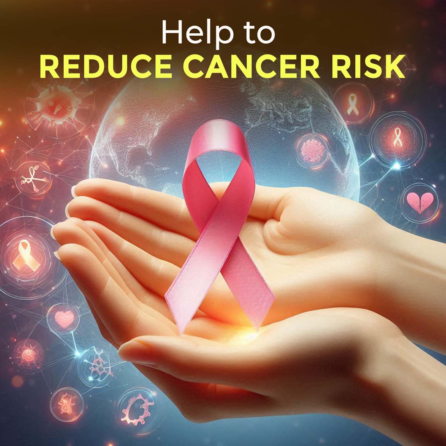 Pink ribbon held in hands with 'Help to Reduce Cancer Risk' text and cancer awareness symbols in the background.