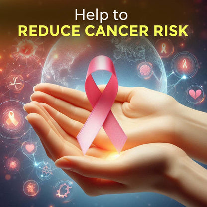 Pink ribbon held in hands with 'Help to Reduce Cancer Risk' text and cancer awareness symbols in the background.