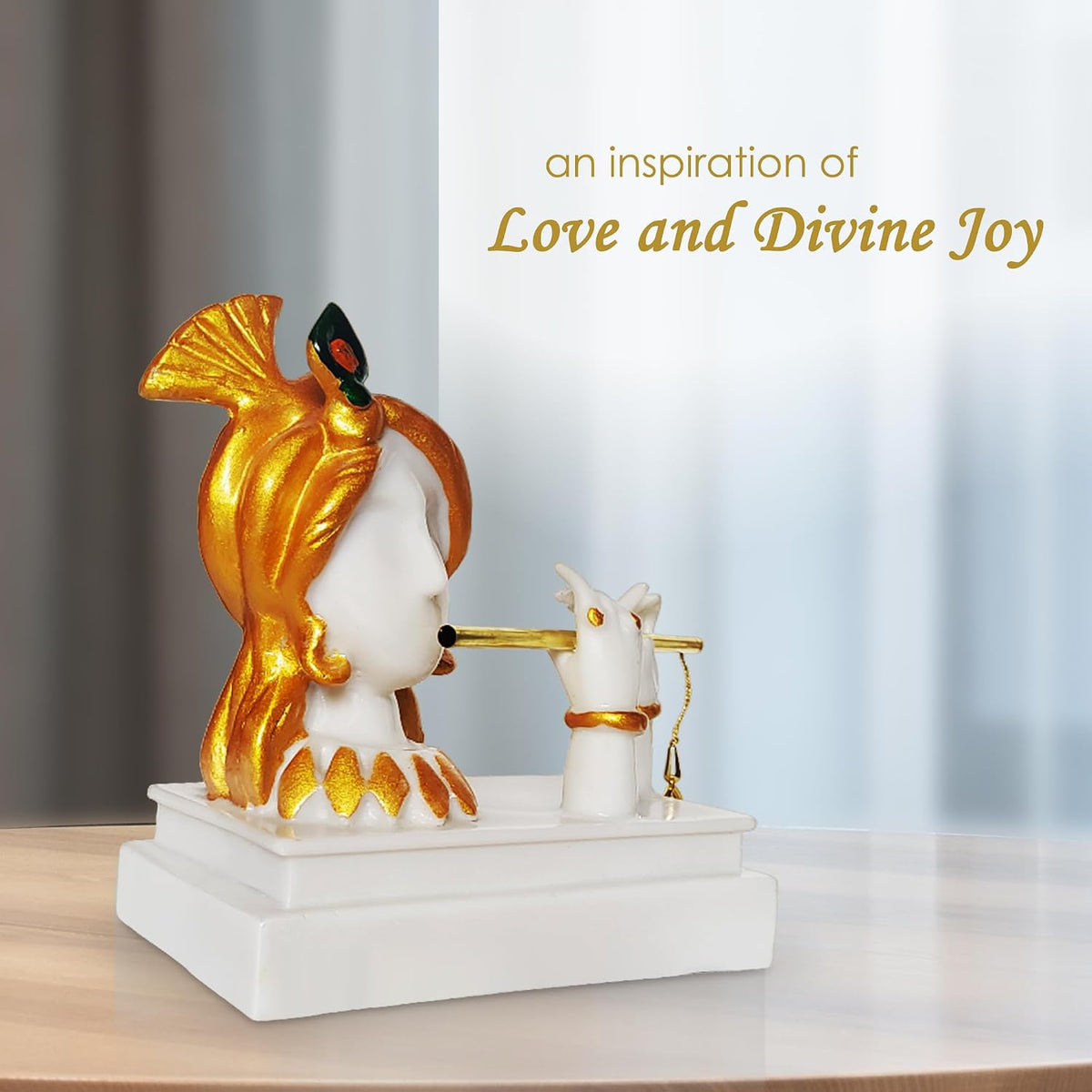Decorative Krishna Idol Playing Flute Figurine, White and Gold Resin,Showpiece for Home Decor Living Room House Warming Gift Krishna Statue for Good Luck Wealth properity19x11x19 cm