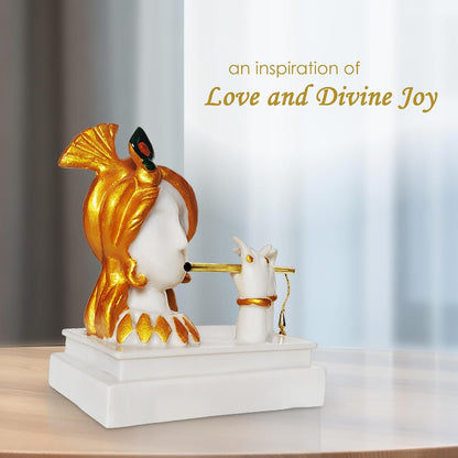 Decorative Krishna Idol Playing Flute Figurine, White and Gold Resin,Showpiece for Home Decor Living Room House Warming Gift Krishna Statue for Good Luck Wealth properity19x11x19 cm