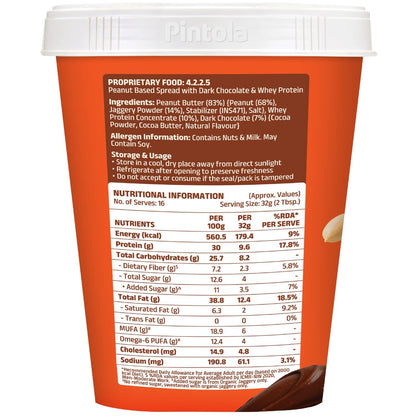 PINTOLA High Protein Peanut Butter Chocolate Flavour Creamy, Added WHEY Protein, 30g Protein 6.2g Fiber, Gluten Free, Zero Trans Fat, Dark Chocolate Peanut Butter Spread, Nut Butter Bread Snacks