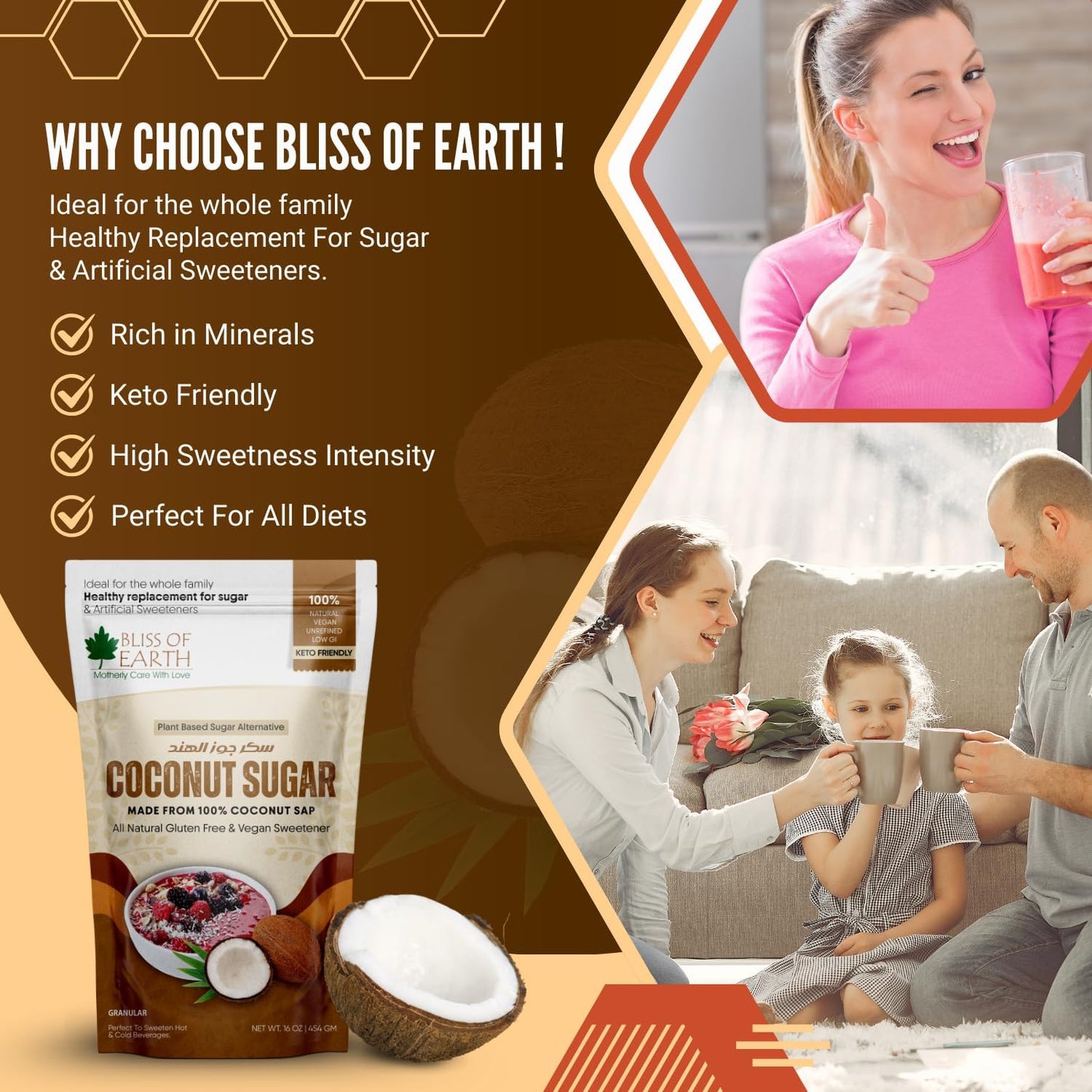 Bliss of Earth Coconut Sugar Organic 454gm | Natural Unrefined & Vegan Palm Sugarg Sweetener | Gluten-Free & Keto Friendly Sugar Substitute | Natural Sugar Alternative for Coffee, Tea, Baking & Smoothies