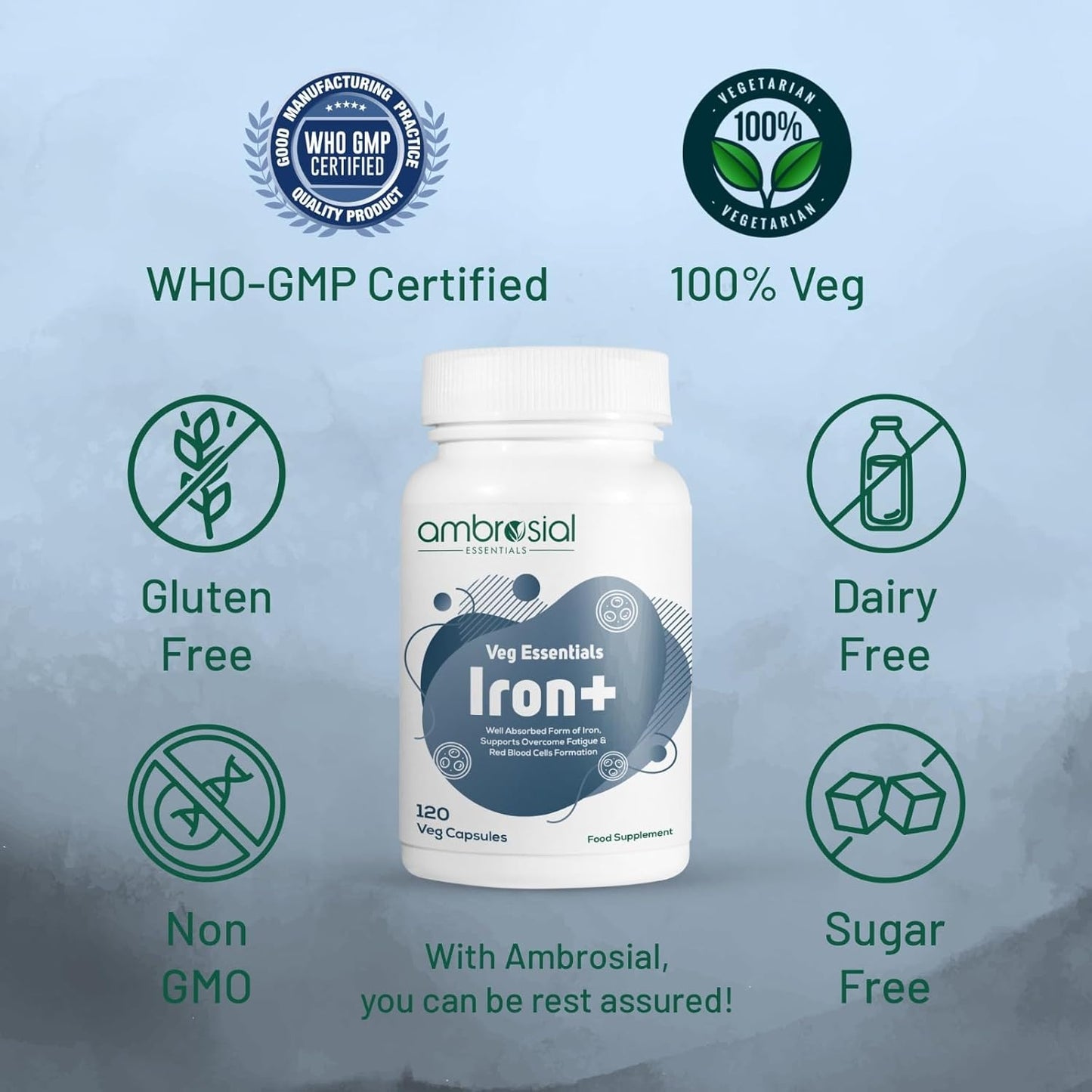 White supplement bottle labeled 'Iron+' with certification logos on a light blue background