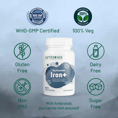 White supplement bottle labeled 'Iron+' with certification logos on a light blue background