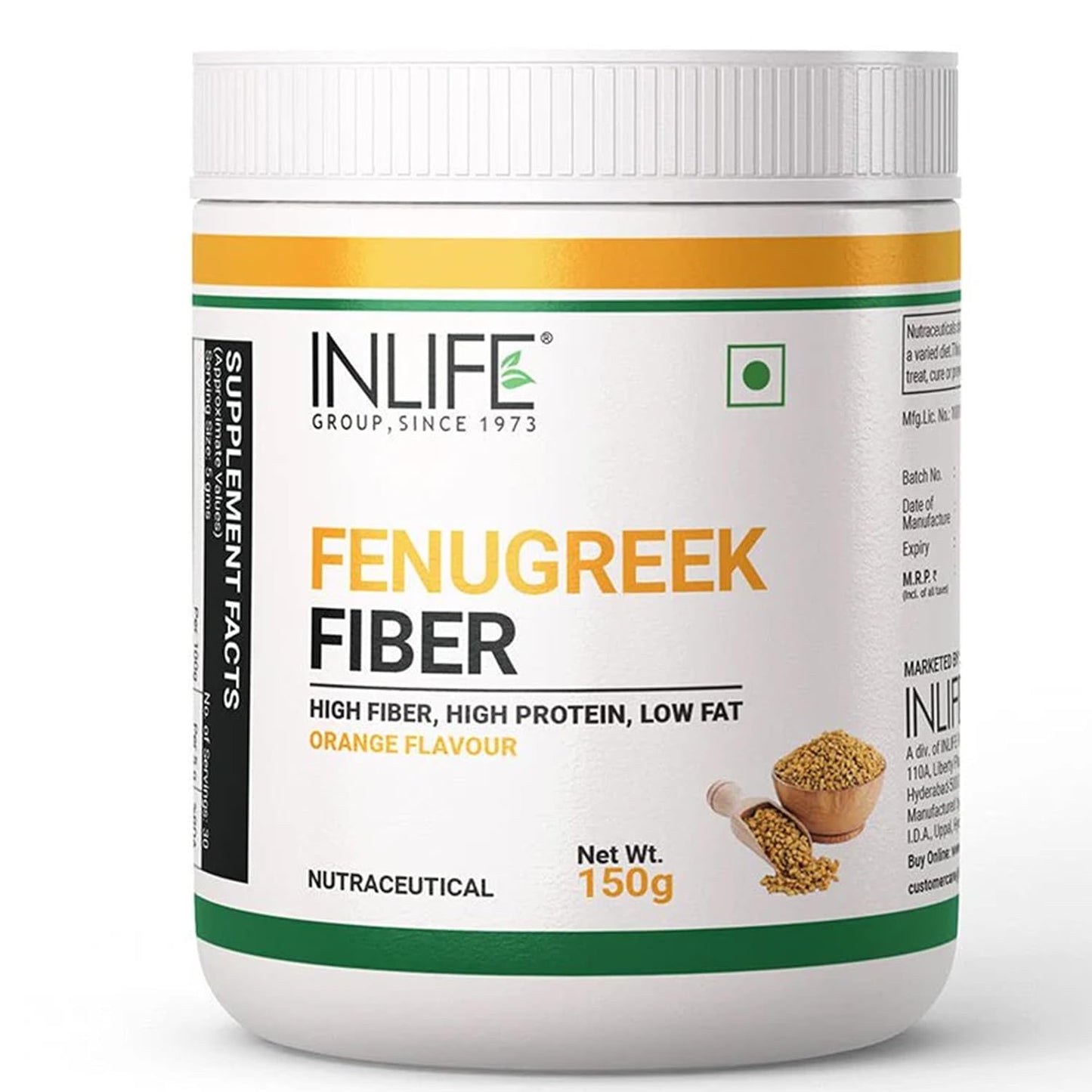 INLIFE Fenugreek Fibre Supplement | Gut Cleanse Detox & Digestive Health Powder | High Fiber & Protein | Weight Management, Manages Sugar, Bloating, Constipation & Acidity, 150g (Orange)