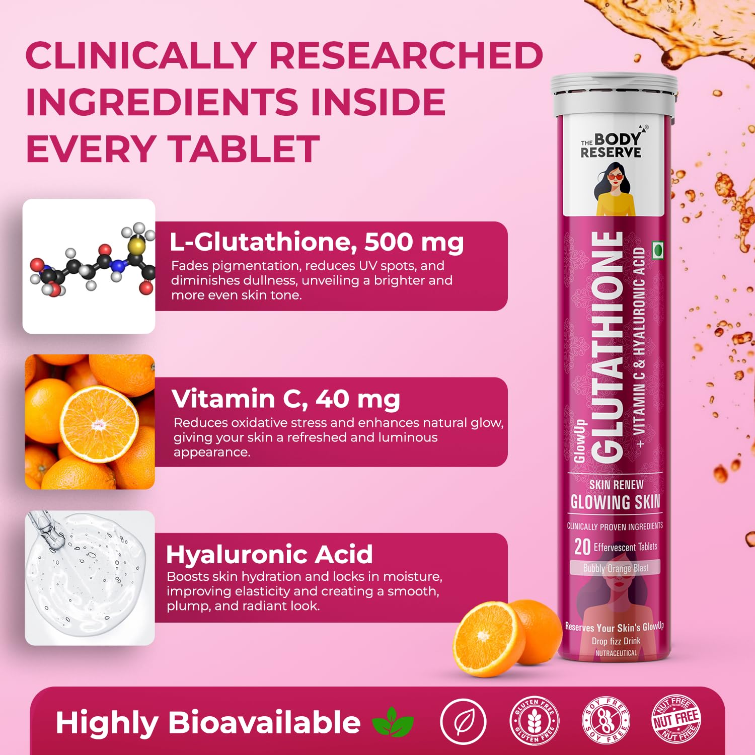 Body Reserve Glutathione supplement with ingredients listed on a pink background