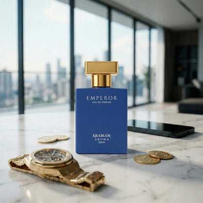Blue perfume bottle labeled 'Emperor' on a marble surface with a cityscape in the background