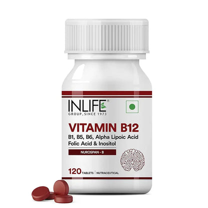 INLIFE Vitamin B12 With Alpha Lipoic Acid, Folic Acid, Inositol, B1, B5 & B6 Supplements Tablet, Supports Nerve Health, Immunity for Men & Women - 120 Tablets (Vit B12, Pack of 1)