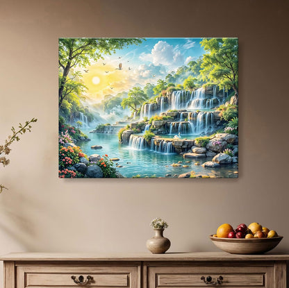 Canvas Step Waterfall Painting Vastu, Big Size Scenery, Water Stream, Mountain Painting Vastu Water Fall, Multicolor, Nature, 58.0 X 45.0 cm, Set of 1