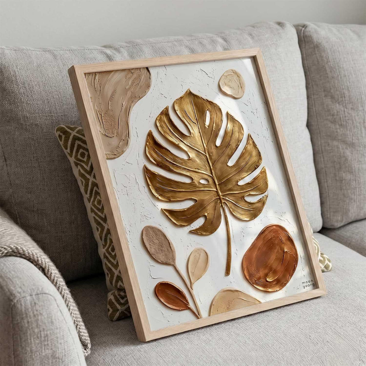 Golden Leaf Wall Art Home Decoration | Aesthetic Floral Paintings With Frame For Living Room Bed Room Hotel Wall Decor Digital Reprint (19x25 inch)