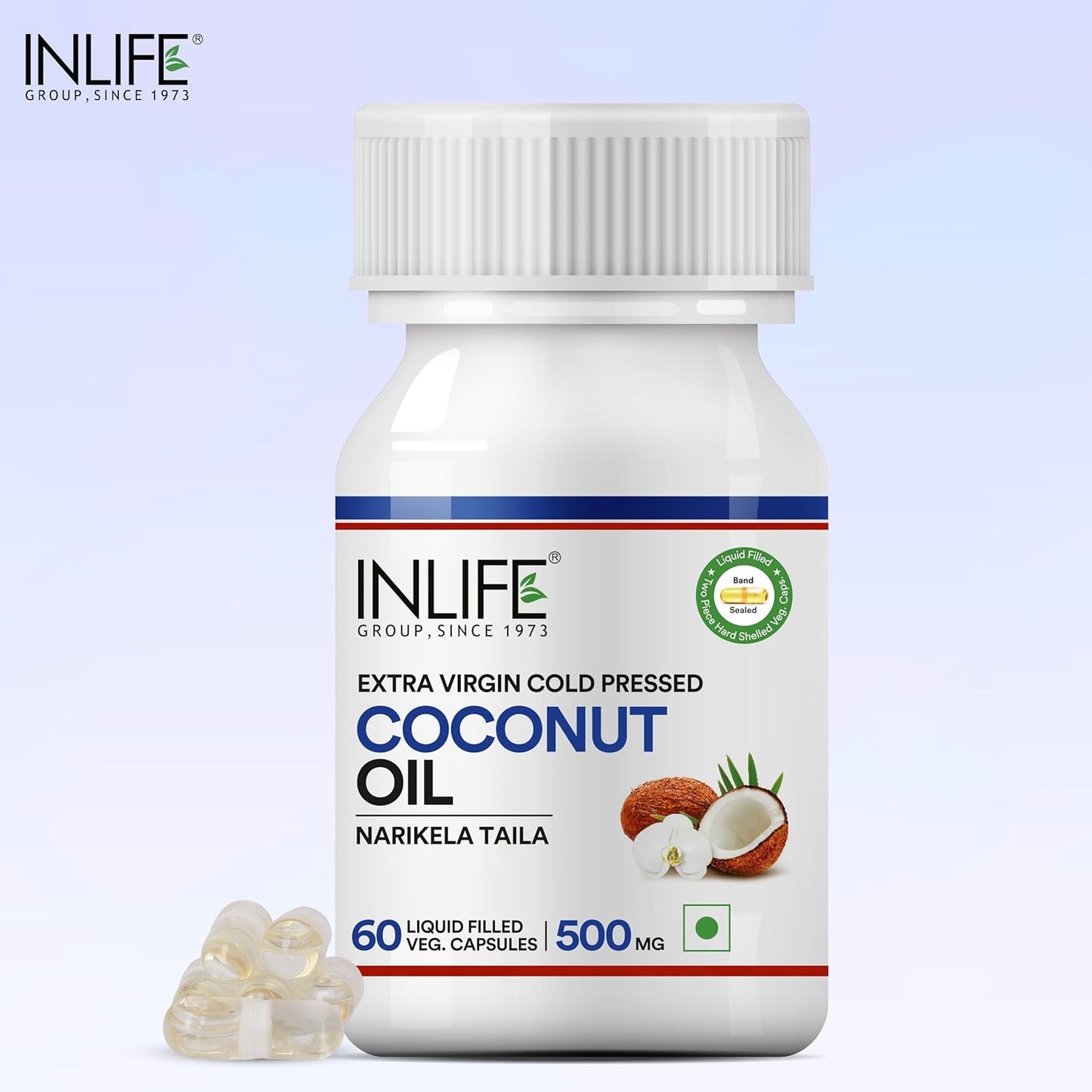 INLIFE Coconut Oil Capsules | Extra Virigin Cold Pressed | 500mg per Serving | Supports Keto & Well-being - 60 Vegetarian Capsules (Pack of 1)