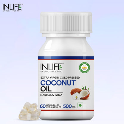 INLIFE Coconut Oil Capsules | Extra Virigin Cold Pressed | 500mg per Serving | Supports Keto & Well-being - 60 Vegetarian Capsules (Pack of 1)