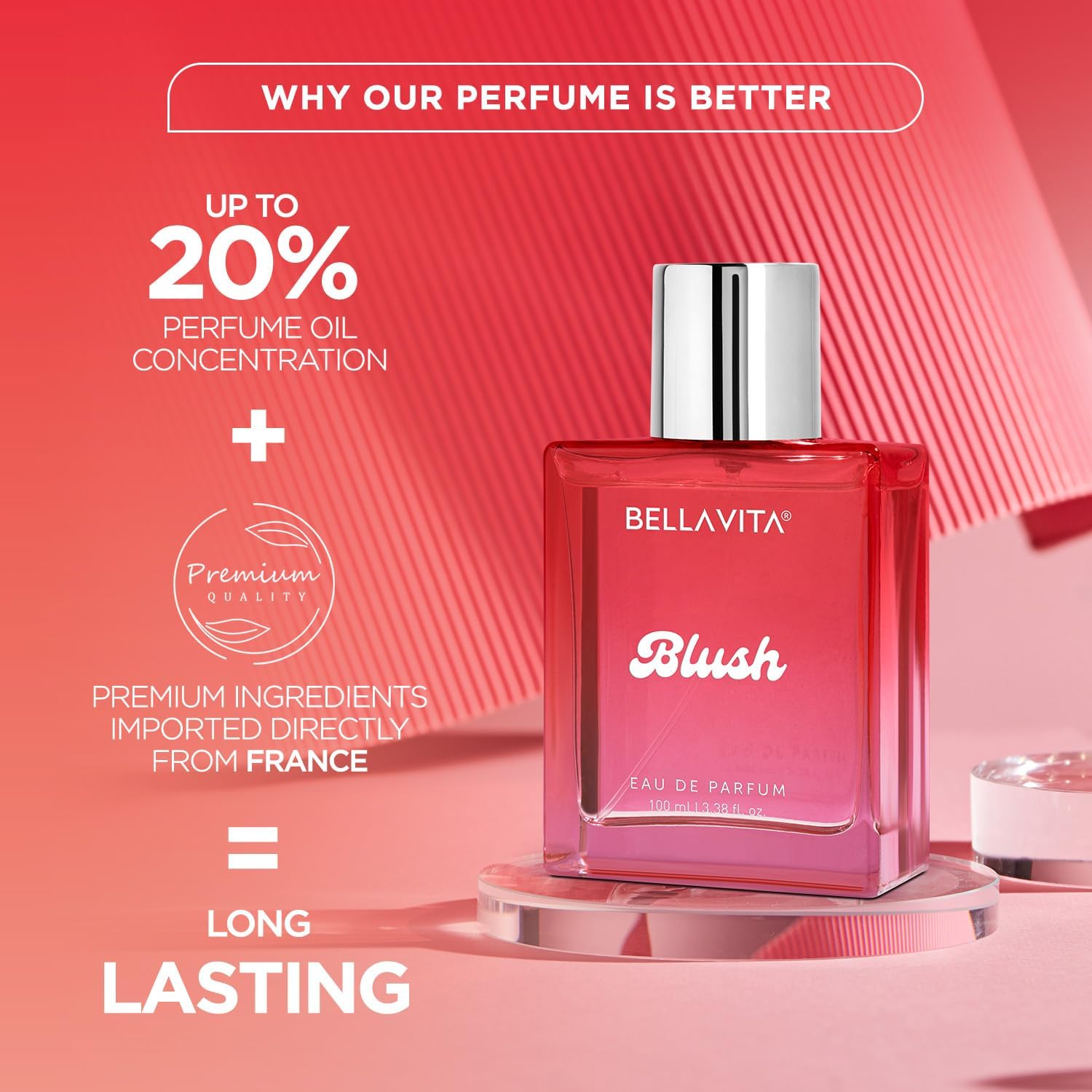 BellaVita Blush perfume bottle on a pink background with text highlighting features.