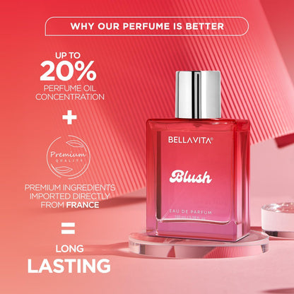 BellaVita Blush perfume bottle on a pink background with text highlighting features.
