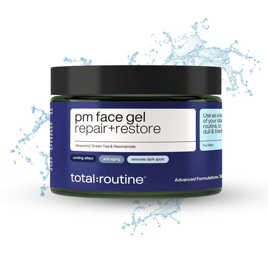 Blue jar of 'pm face gel repair+restore' with water splashes on a white background