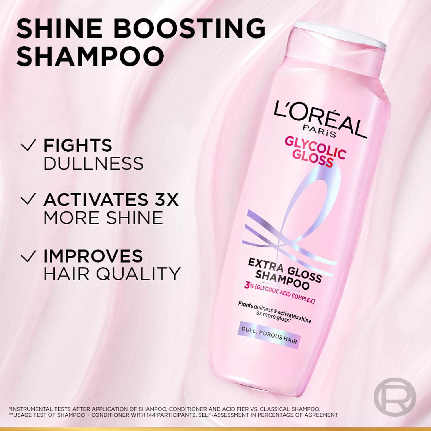 L'Oreal Paris Glycolic Gloss shampoo bottle with text highlighting benefits on a pink background