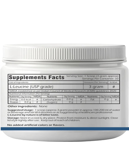 Trexgenics L-LEUCINE PHARMACEUTICAL USP grade 33 Servings, Unflavoured Pure Powder Recovery, Muscle Preservation, Muscle Growth (100 gram)