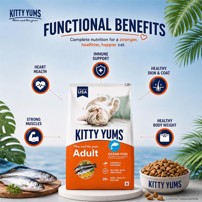 Kitty Yums Adult (+1 Year) Dry Cat Food 1.2kg Pack | Ocean Fish Flavour | Develop Strong Bones | Healthy Skin & Coat | Supports Digestive System | Maintains a Healthy Heart