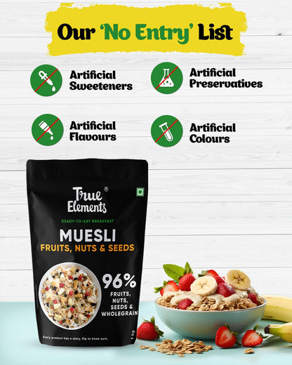 True Elements Muesli Fruit and Nuts 1kg - With Real Fruits & Almonds | 100% Wholegrain Muesli with Oats, Almonds | Real Freeze-dried fruits, Not Candied | Breakfast Cereal | High Fibre & Nutrient-Rich blend