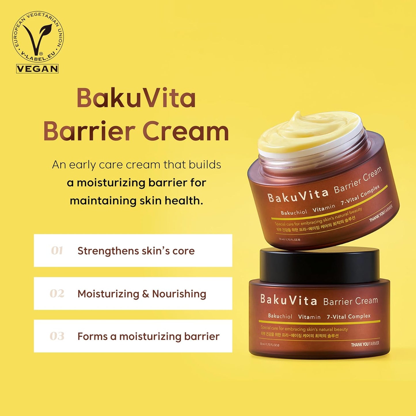 THANKYOU FARMER Bakuvita Barrier Cream (50ml) Day & Night Korean Moisturizer with Bakuchiol Retinol Alternative, Vitamin C + E, Deep Hydration, Skin Barrier Repair, Radiant Glow, Lightweight, Non-Sticky Daily Face Cream