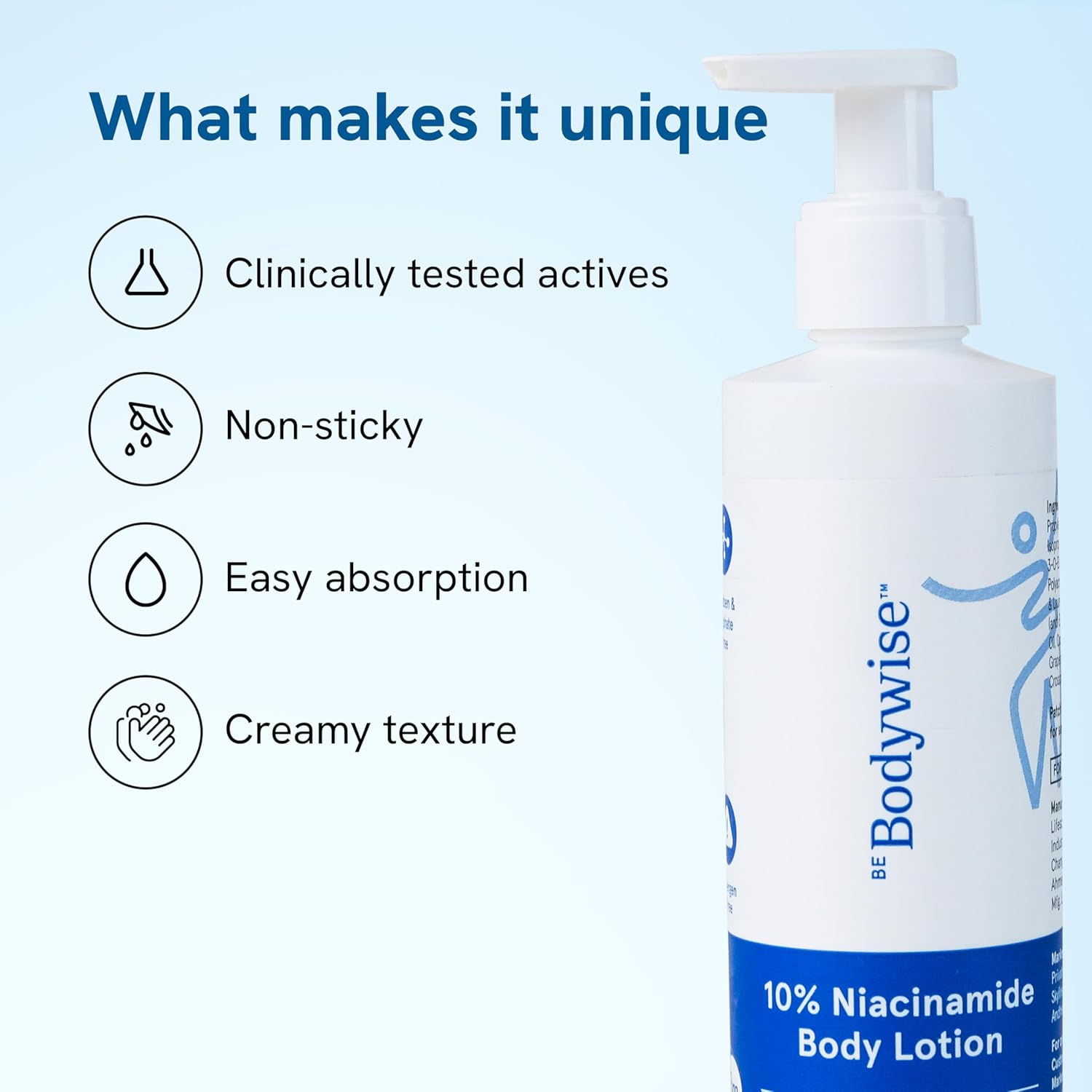 Bodywise 10% Niacinamide Body Lotion with unique selling points on a blue background