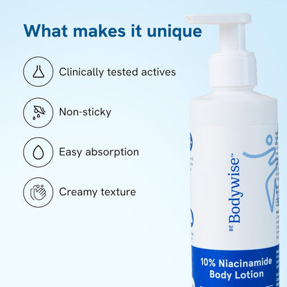 Bodywise 10% Niacinamide Body Lotion with unique selling points on a blue background