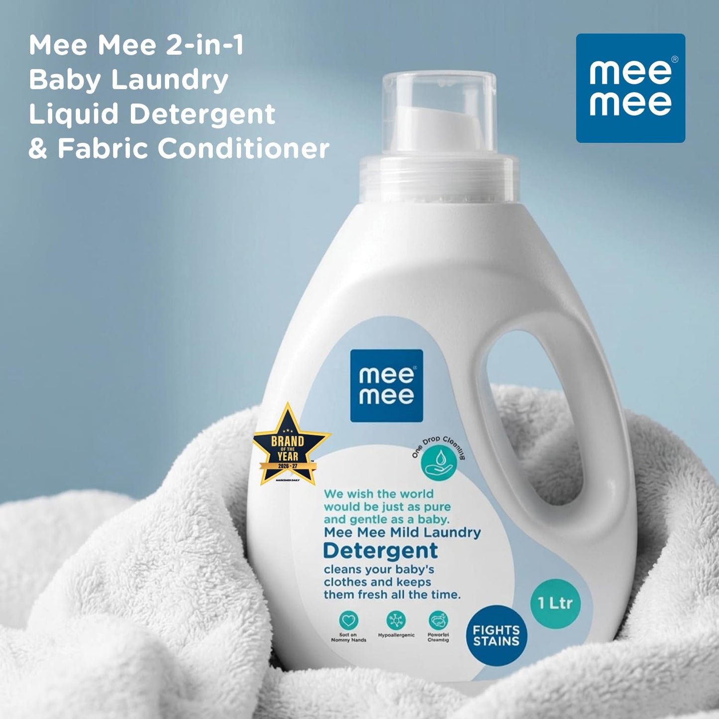 Mee Mee Baby Liquid Detergent 1 L | pH Balanced, Free from Harsh Chemicals, Safe for Mother’s Hands & Baby’s Skin | Anti-Bacterial, Removes Stains & Odor with One Drop, Hypoallergenic