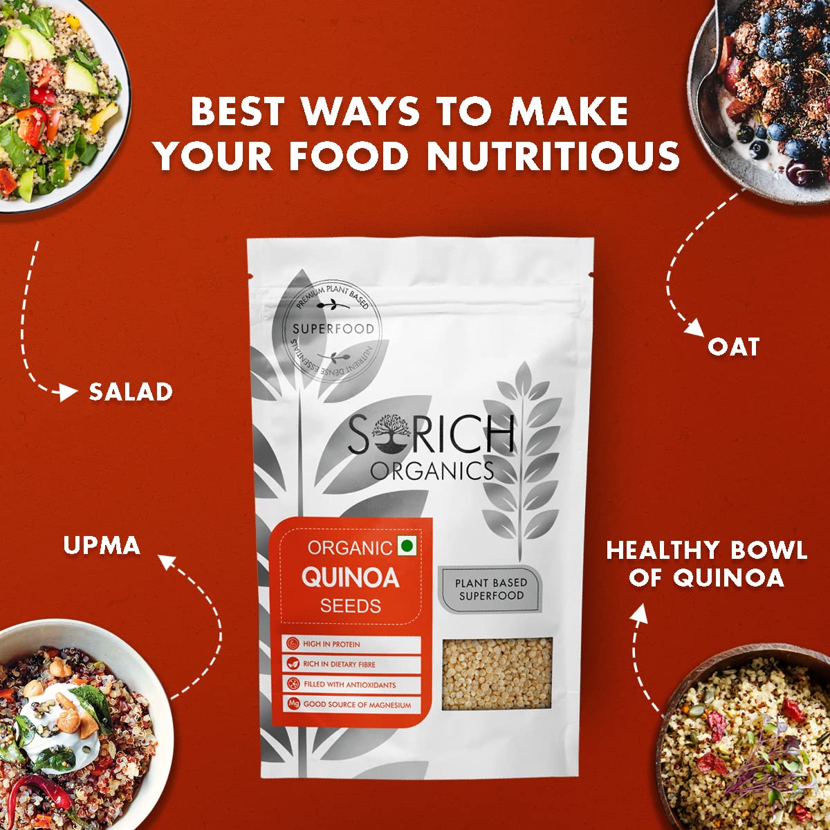 Sorich Organics Raw Quinoa Seeds for Eating Gluten Free Breakfast | High Protein and Fibre | Healthy Cereal for Breakfast | Ideal for Pilafs, Soups & Salads | High Protein & Fiber | Diet Food