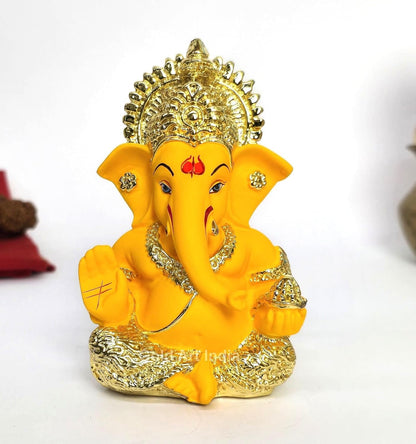Gold Art India Gold Plated Ganesha with Mango Terracotta Work - 3.5 Inch Height for Home Decor/Office Desk/Car Dashboard (MukutMangoGold)