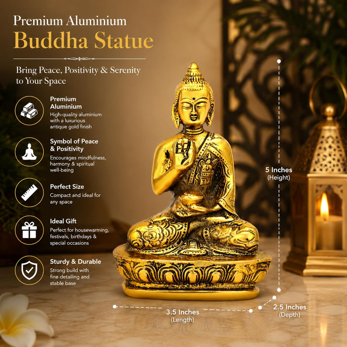 CraftVatika Lord Buddha Idol Statue showpiece for Spiritual & Festive Decor Gift | Metal Figure for Living Bed Room Table Top Diwali Decoration Items & Gifting, Gold