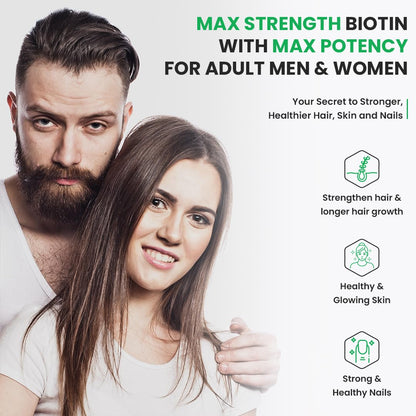 Advertisement for max strength biotin supplement with a man and woman on a white background.