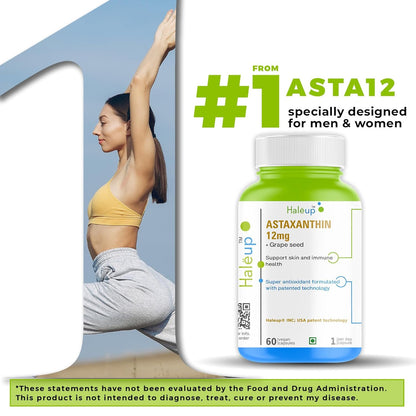 Haleup Plant Based Astaxanthin 12 mg with Grape Seed Supplement I 60 Veg Capsules I Supports Eye, Joint & Skin Health I Boosts Immune System