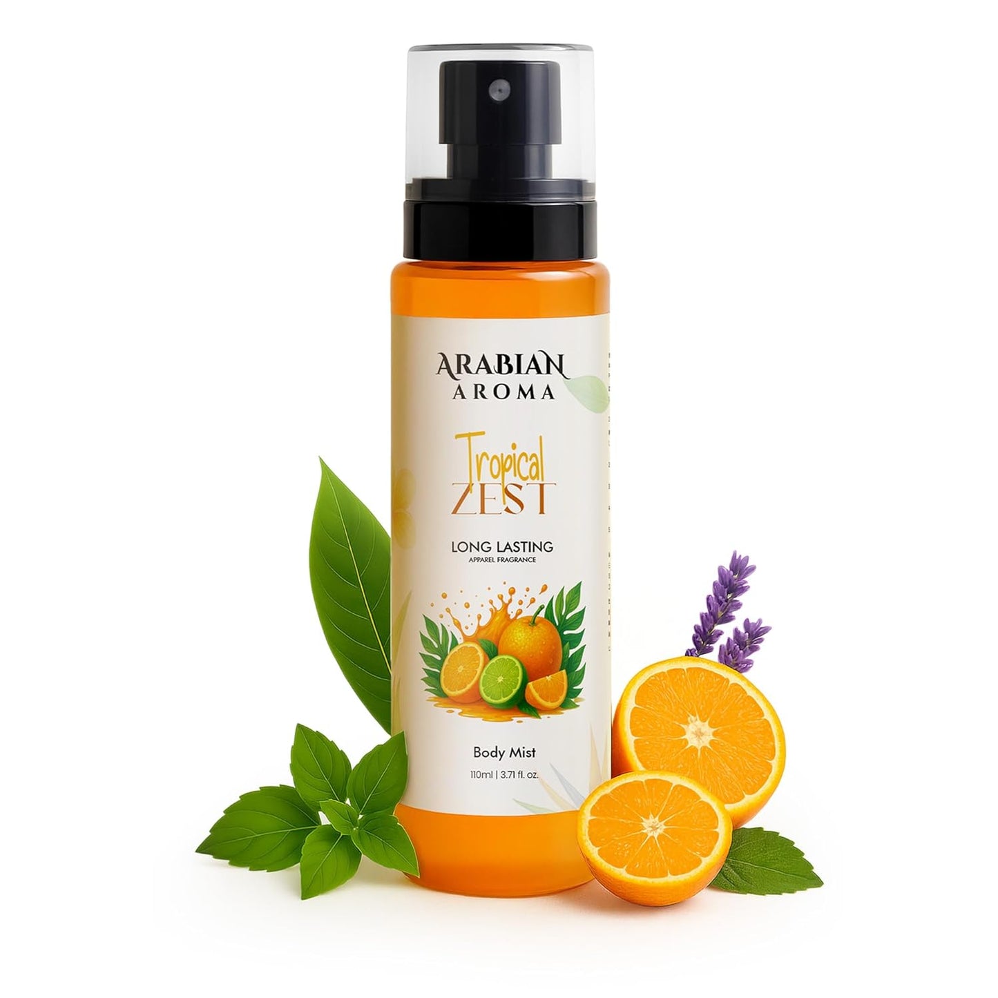 Arabian Aroma Tropical Zest body mist with oranges and lavender on a white background