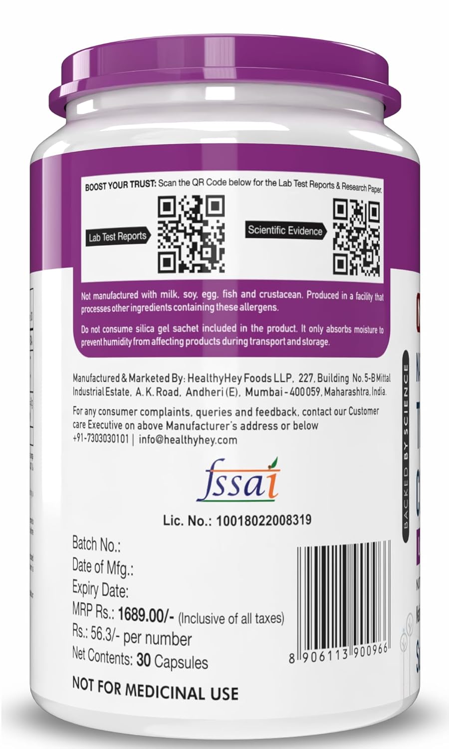 Supplement container with purple lid and white body displaying text and logos.